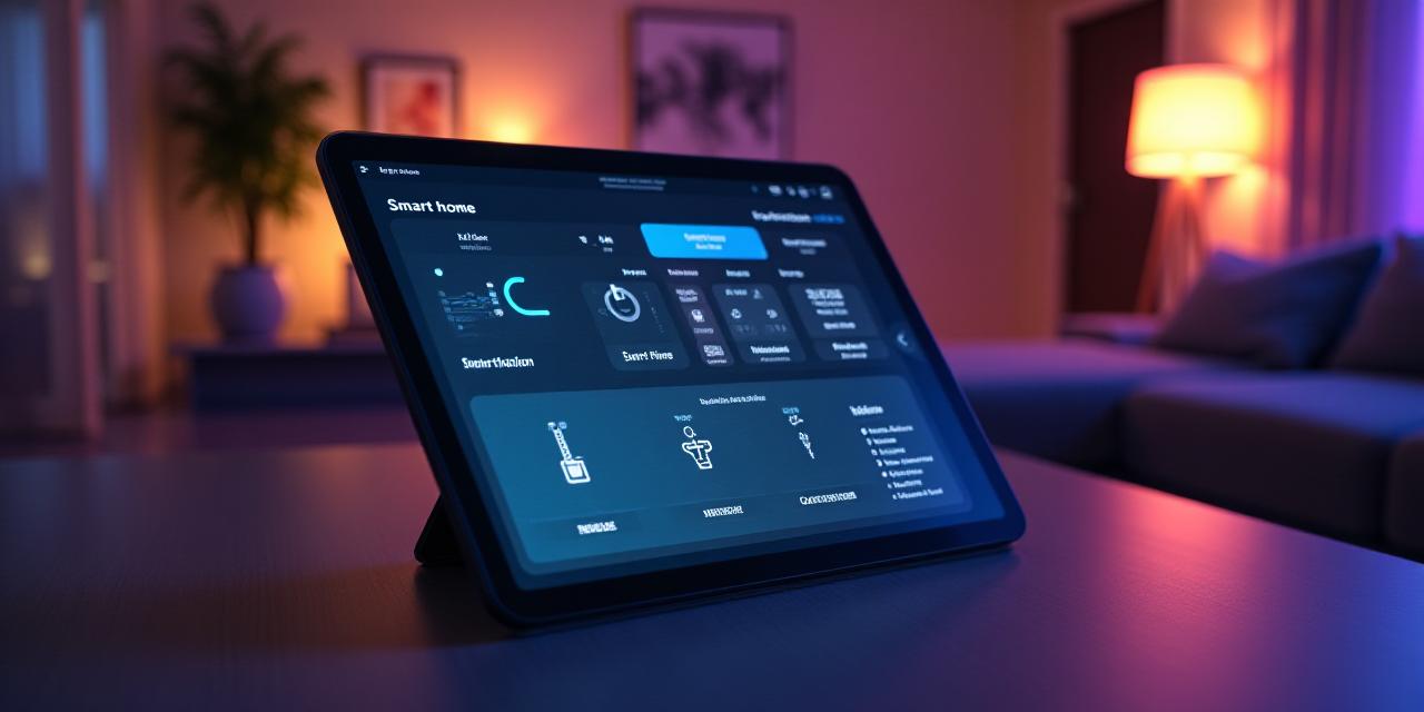 Interfaccia moderna domotica su tablet in un soggiorno accogliente